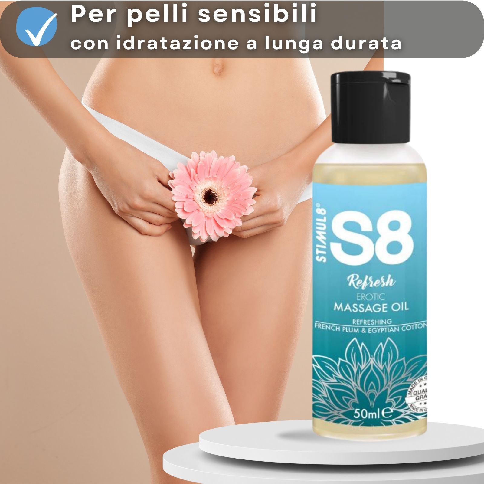 Olio da massaggio per pelli sensibili. Flacone con tappo nero. Testo: S8, Refresh, 50ml. Donna con fiore.