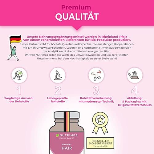 Infografica Nutrimea Hair Gummies. Qualità Premium. 4 fasi: selezione materie prime, test di laboratorio, lavorazione, riempimento. Flacone.