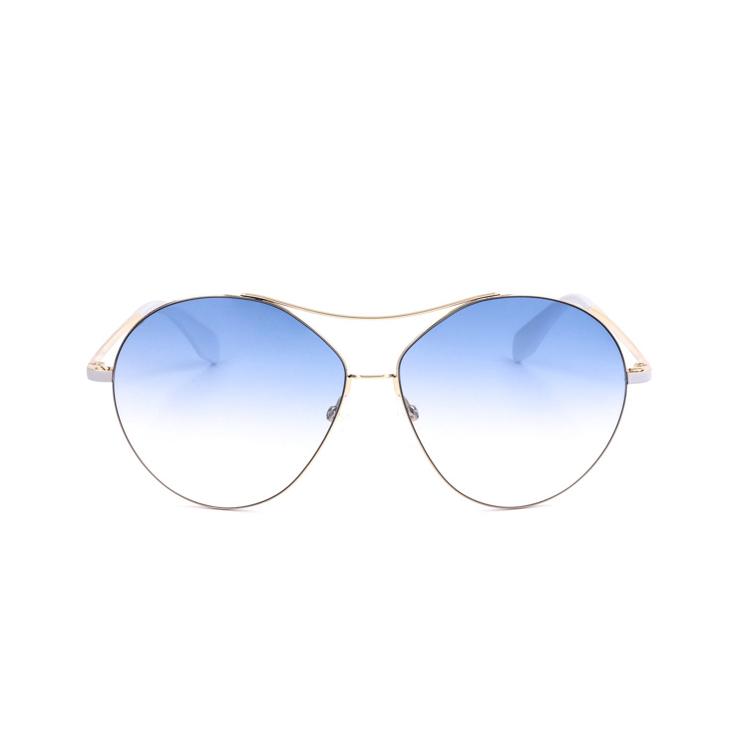 Occhiali da sole a goccia con montatura dorata e lenti sfumate blu.