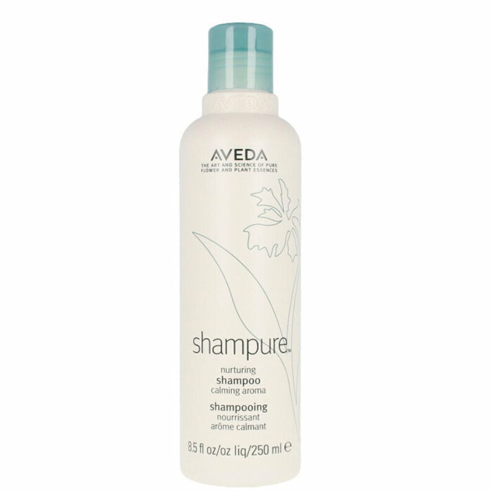 Flacone di shampoo bianco con tappo blu. Scritta: Aveda, Shampure, 250 ml.