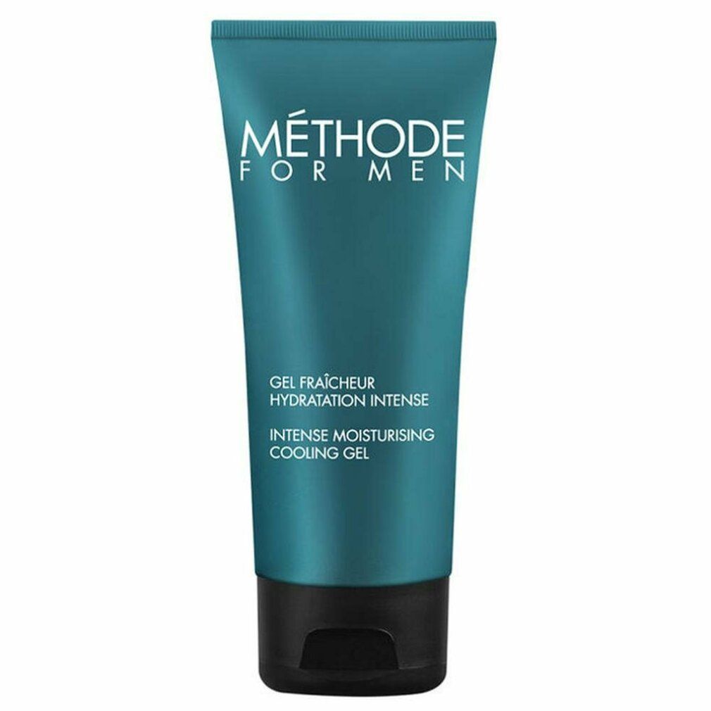 Tubo turchese con scritta 'Méthode For Men' e 'Intense Moisturising Cooling Gel'.