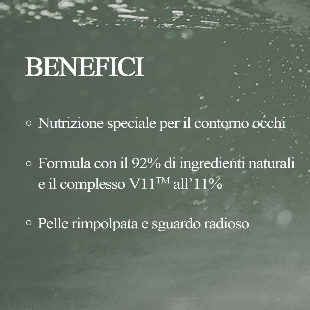 Testo: Benefici. Nutrizione speciale per il contorno occhi. 92% di ingredienti naturali. Pelle rimpolpata e sguardo radioso.