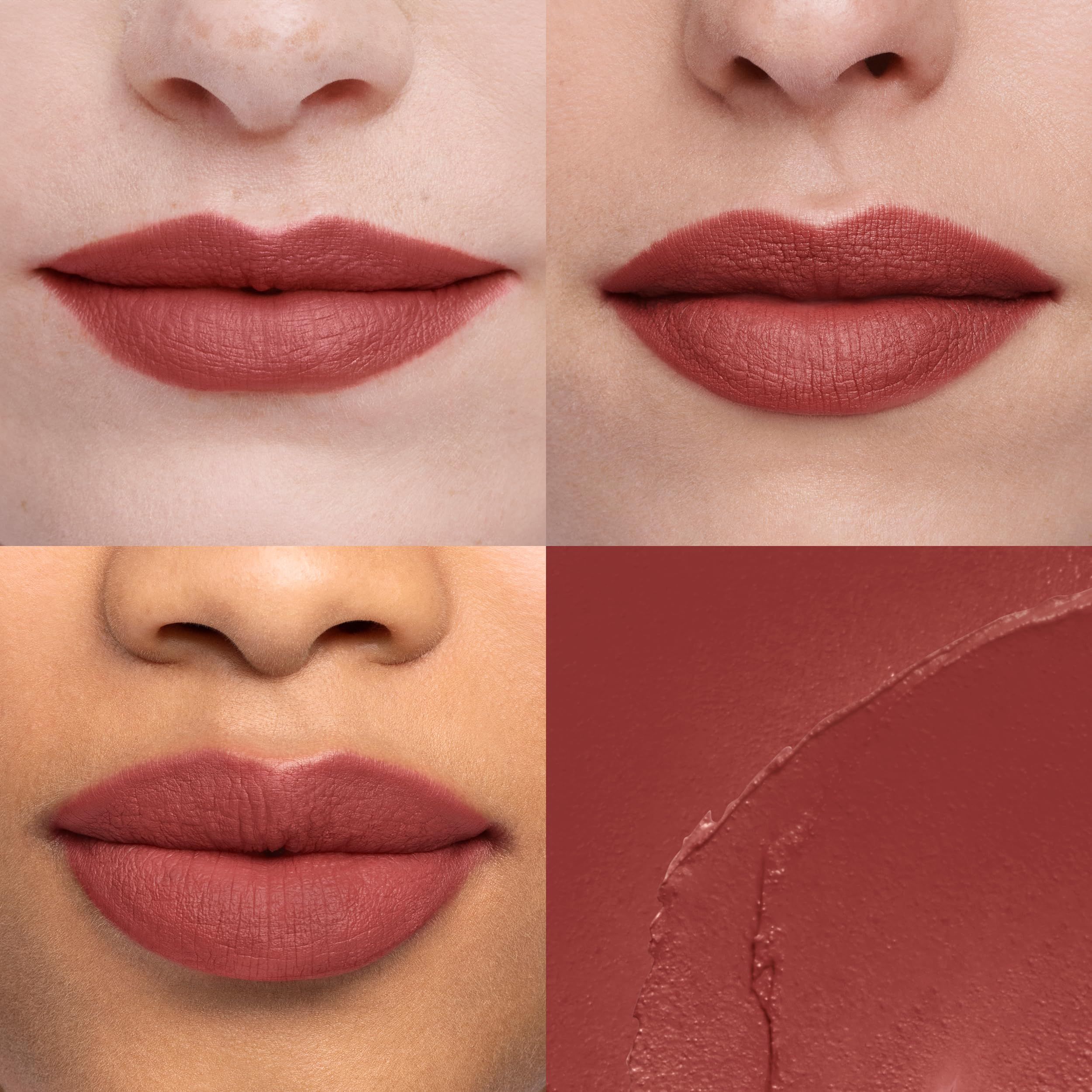 Quattro primi piani di labbra dipinte con rossetto. Diverse tonalità della pelle e forme delle labbra. Colore del rossetto: rosso-marrone.