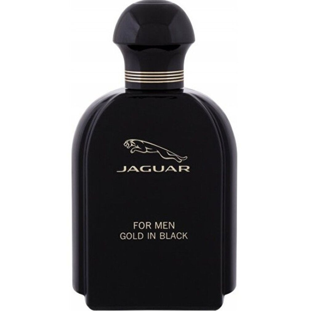 Flacone nero con dettagli dorati. Scritta: Jaguar For Men Gold in Black. Logo: giaguaro che salta.