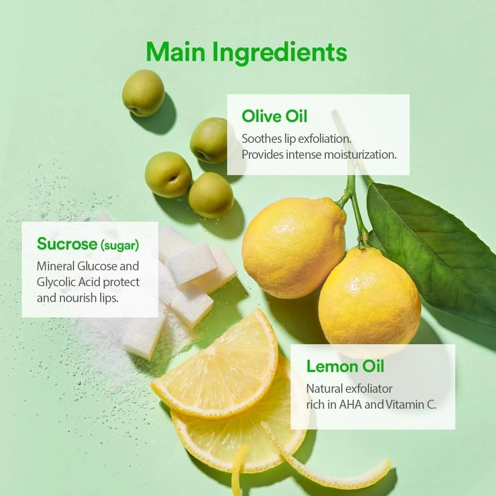 Grafica con ingredienti: limoni, olive, zollette di zucchero. Testo: Lemon Oil, Sucrose, Olive Oil.