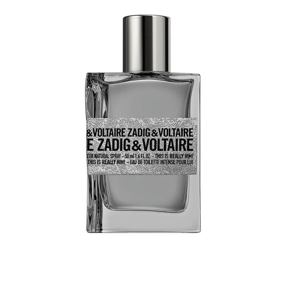 Flacone Zadig & Voltaire. Forma rettangolare, tappo argentato. Etichetta con nome e testo del prodotto. Flacone in vetro trasparente.