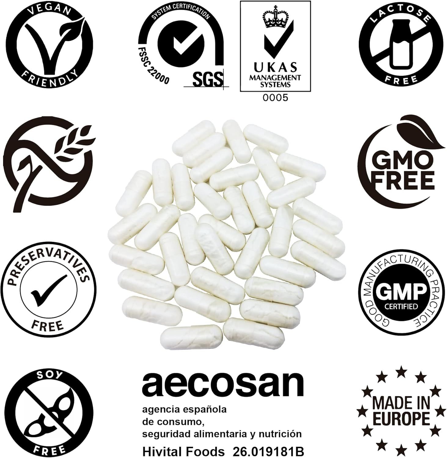 Capsule bianche circondate da loghi di certificazione. Loghi: Vegano, senza OGM, GMP, Made in Europe, ecc.