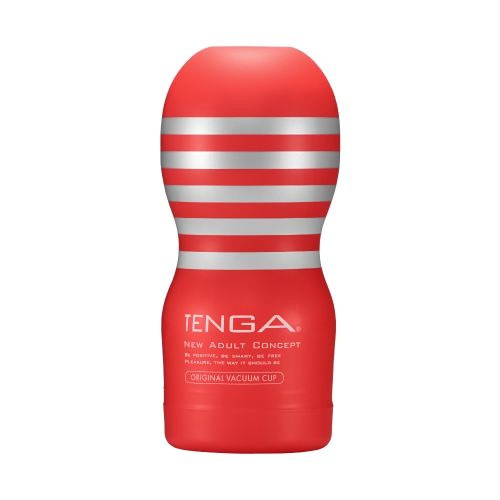 Masturbatore rosso con strisce argentate. Testo: TENGA, NEW ADULT CONCEPT, ORIGINAL VACUUM CUP.