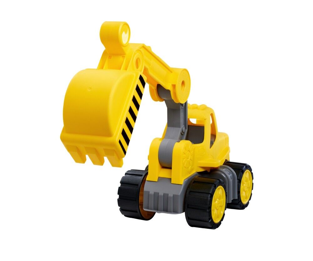 Escavatore giallo con strisce nere sulla benna. Bracci e ruote grigie. Cerchi gialli. Su sfondo bianco.