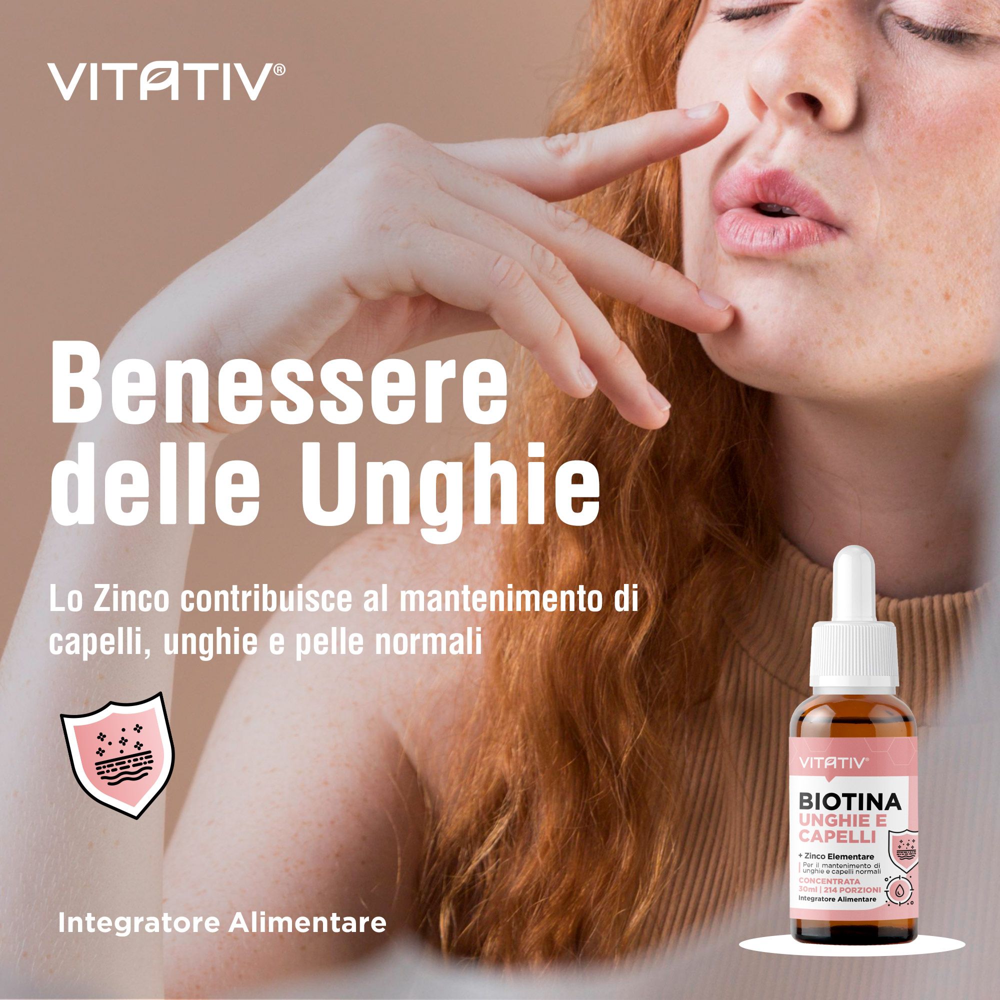 VITATIV® Biotina Unghie e Capelli + Zinco 30ml Integratore Gocce Concentrato No Edulcoranti/Zuccheri