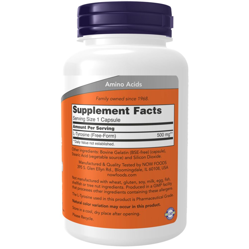 Flacone bianco con tappo blu. Etichetta con testo: "Amino Acids", "Supplement Facts", "L-Tyrosine (Free-Form)", 500mg. Contiene capsule.