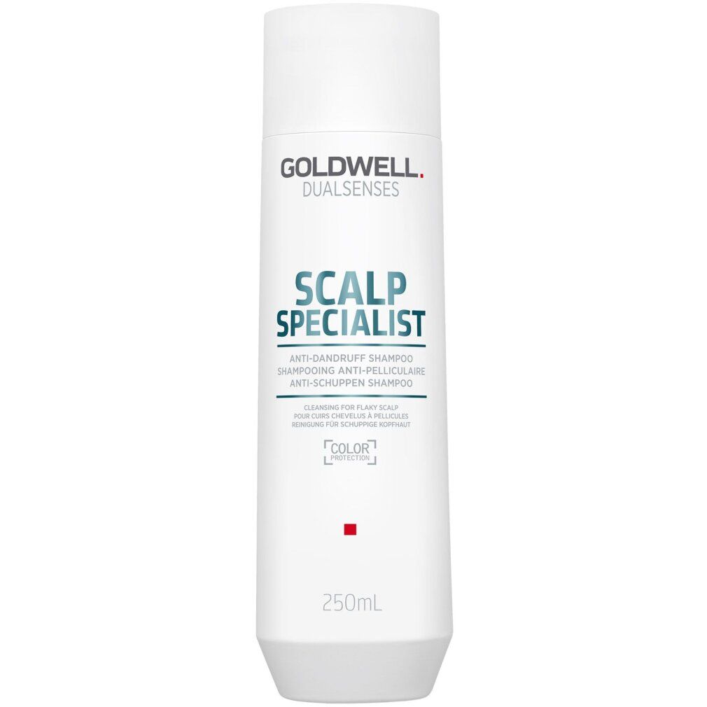 Shampoo bianco con scritta SCALP SPECIALIST. Logo Goldwell in alto. Indicazione 250ml in basso. Punto rosso.
