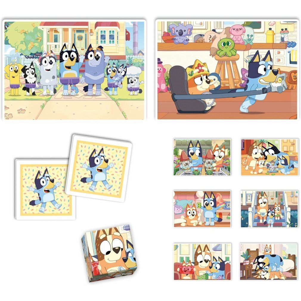 Puzzle e giochi Bluey. Contiene puzzle, carte memo e cubi con motivi Bluey. Diversi motivi puzzle e carte gioco visibili.