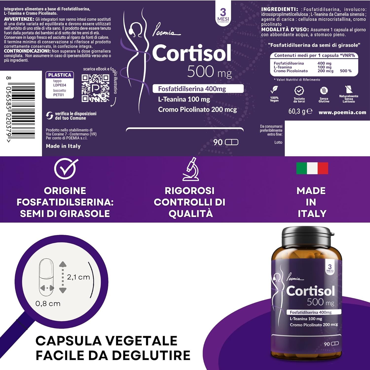 Retro della confezione Poemia Cortisol 500mg con ingredienti, origine e controlli qualità.