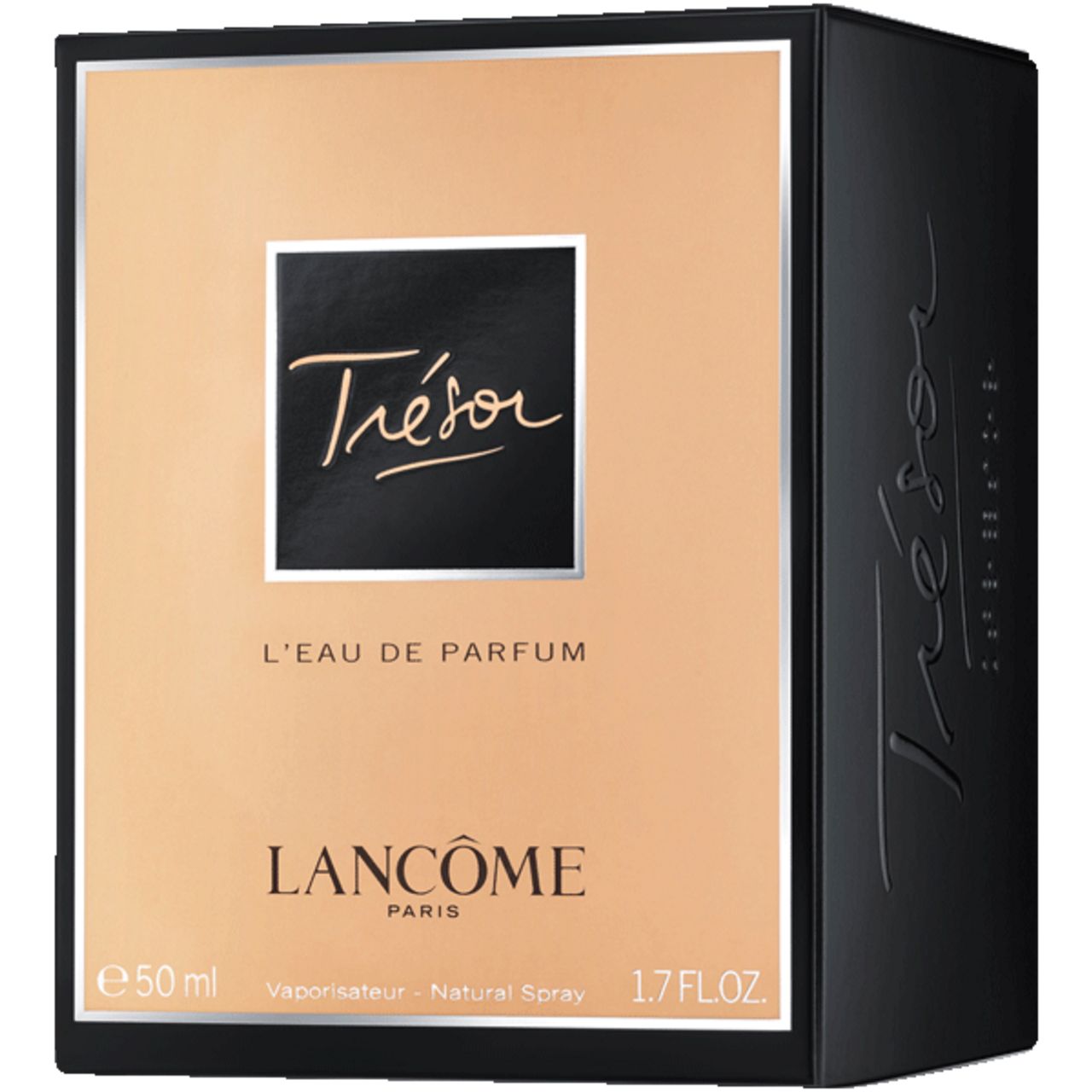 Scatola nera, fronte dorata. Scritta: Trésor, L'Eau de Parfum, Lancôme. Volume: 50 ml, 1.7 FL.OZ.