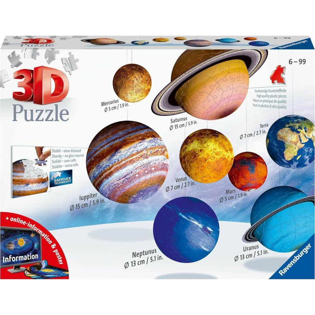 Scatola del puzzle 3D Sistema solare. Illustrazioni dei pianeti. Logo Ravensburger e indicazione età 6-99.