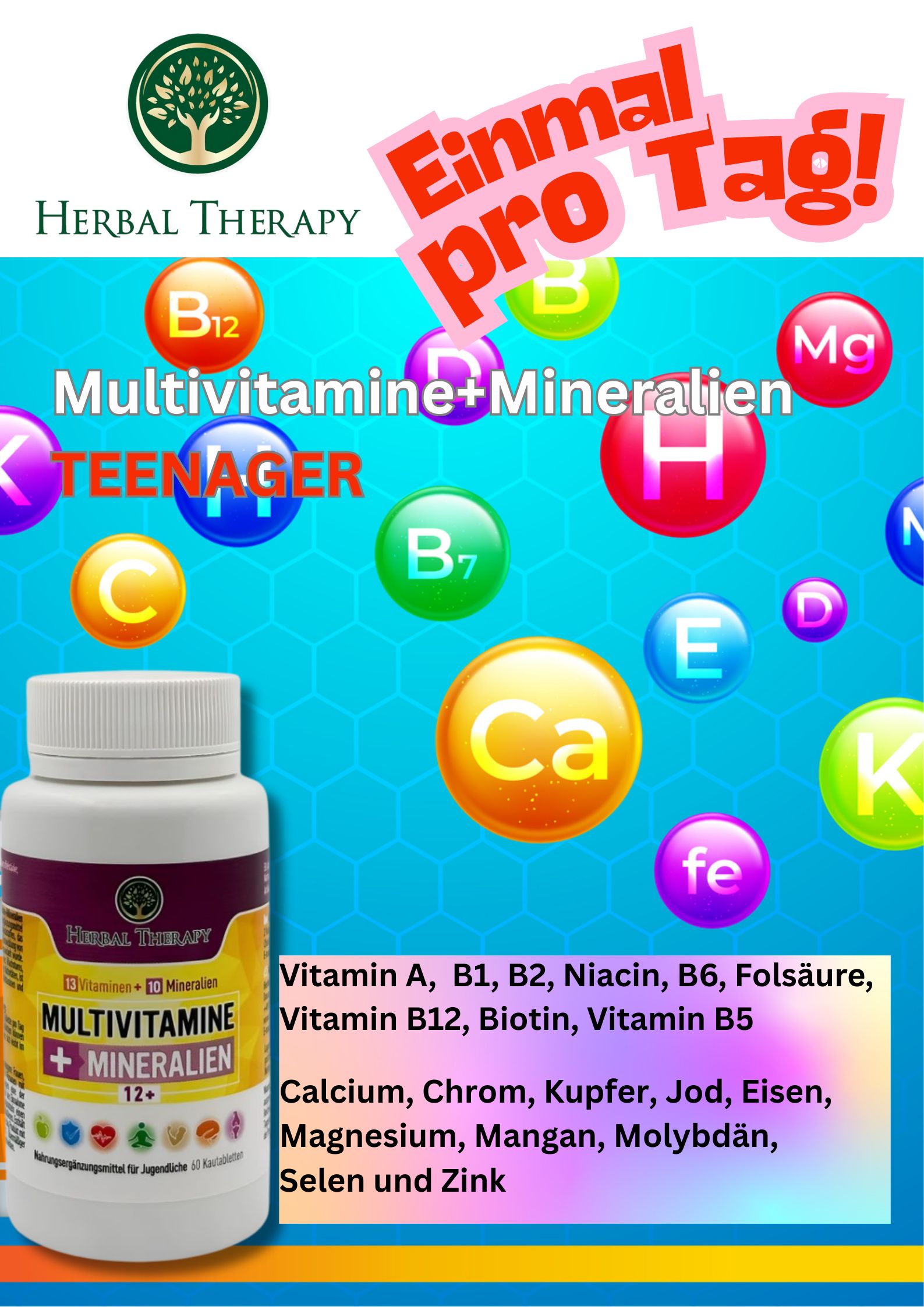 Flacone Herbal Therapy Multivitamine + Mineralien 12+ con illustrazioni di vitamine e minerali. Testo: Una volta al giorno! Per adolescenti.