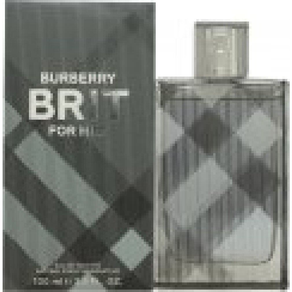 Flacone e confezione Burberry Brit for Him Eau de Toilette. Motivo a quadri. Bottiglia rettangolare con vaporizzatore.