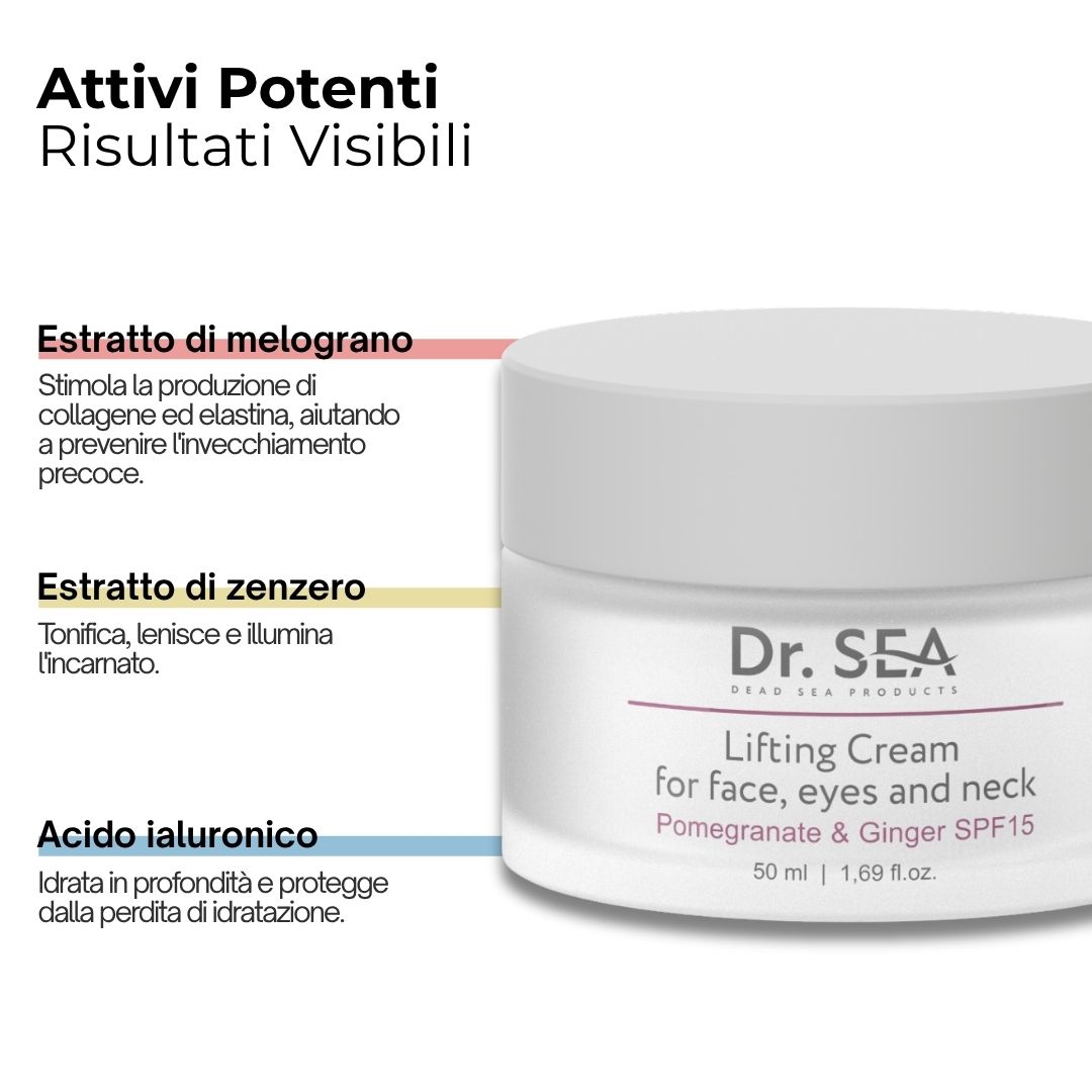 Vasetto di crema con testo. Scritta: Dr. SEA, Lifting Cream, per viso, occhi e collo. Melograno & Zenzero SPF15.