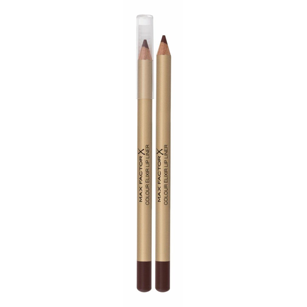 Due matite labbra marroni. Matite dorate con cappucci trasparenti. Scritta: Max Factor Colour Elixir Lipliner.