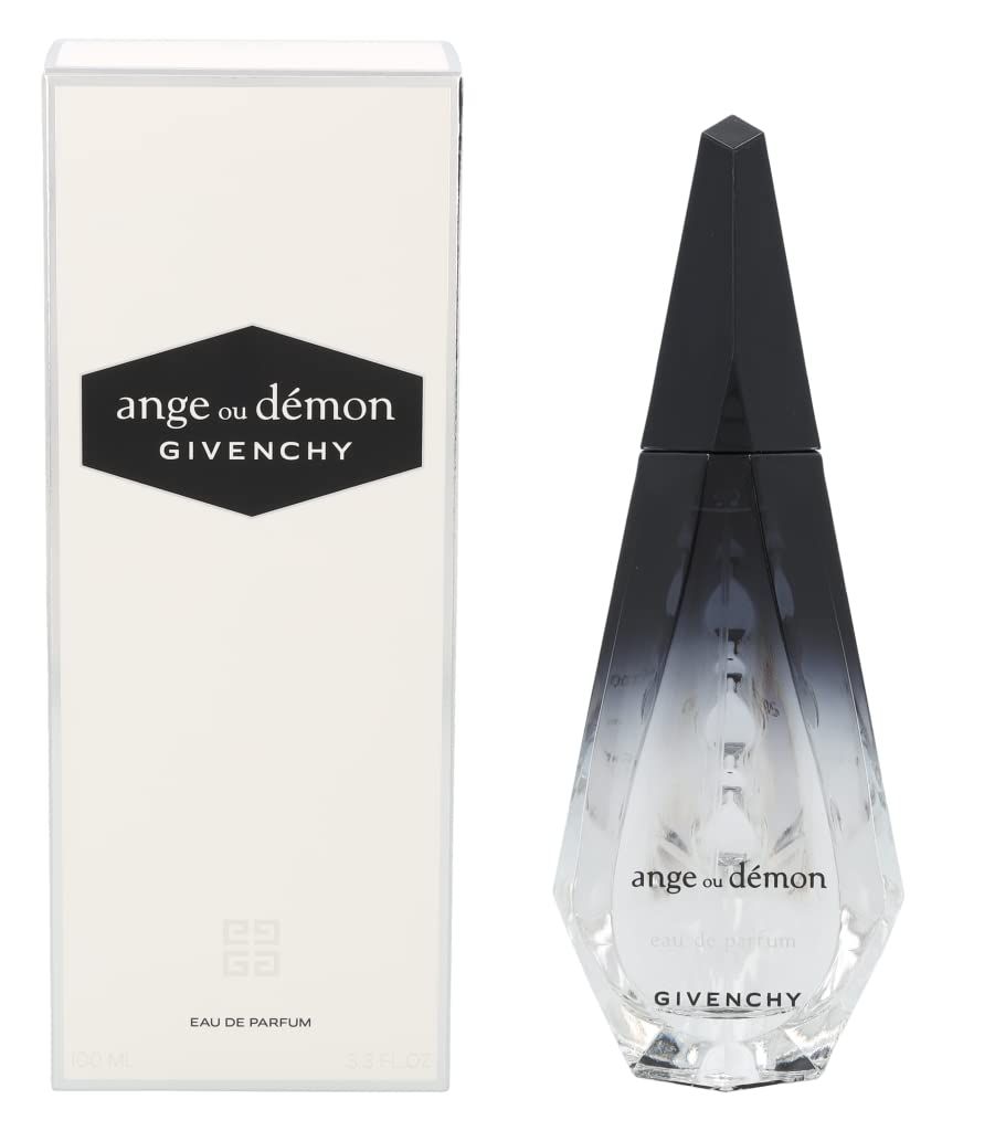 Flacone di profumo e confezione. Flacone nero appuntito. Scatola bianca con logo e testo.