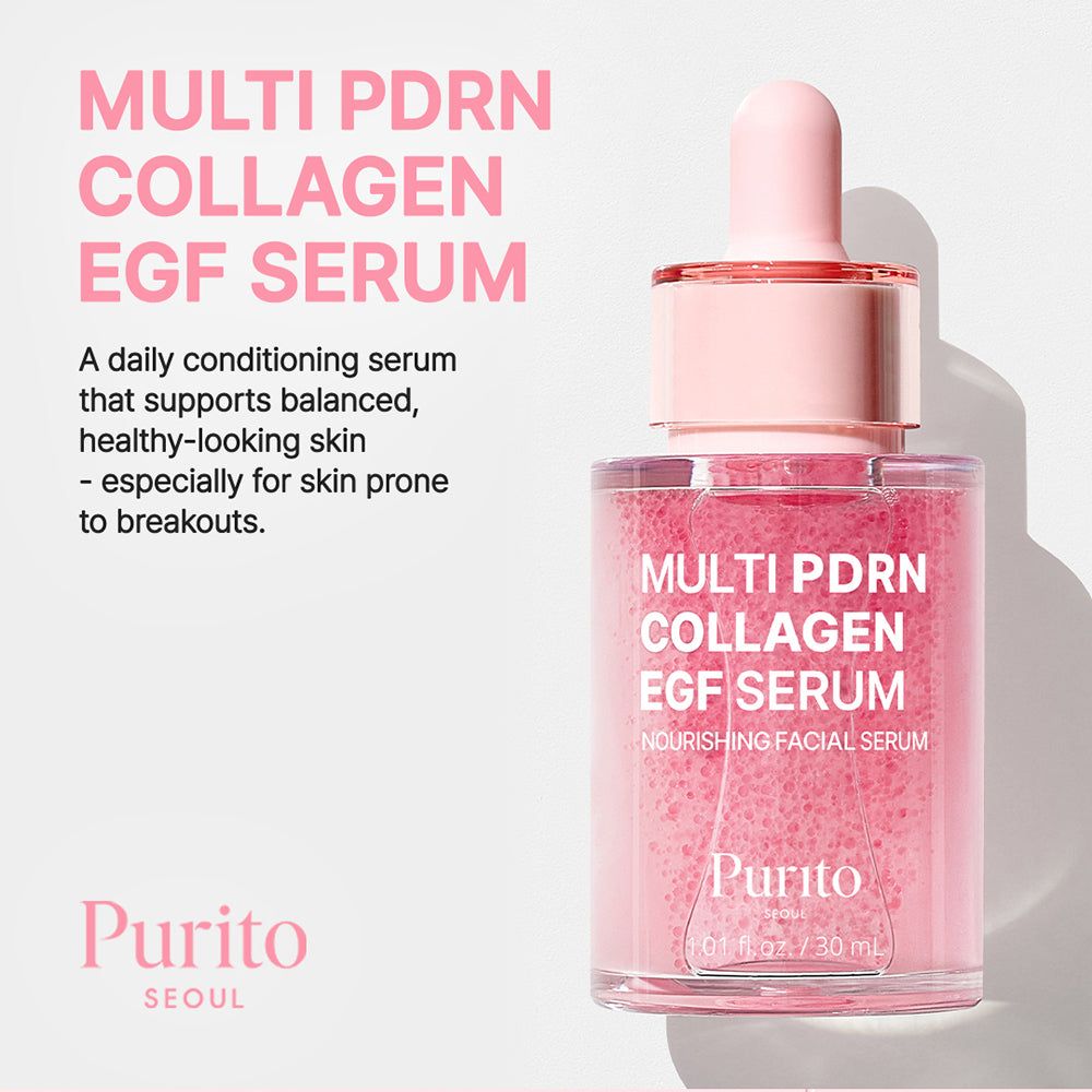 Flacone di siero al collagene PDRN EGF Multi di PURITO accanto al testo. "Nourishing Facial Serum" sull'etichetta.