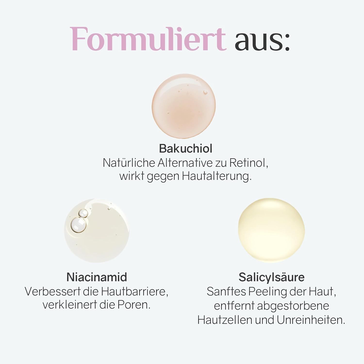 Tre gocce: Bakuchiol, Niacinamide, Acido salicilico. Testo: Alternativa naturale al retinolo, migliora la barriera cutanea, riduce i pori, esfoliazione delicata.