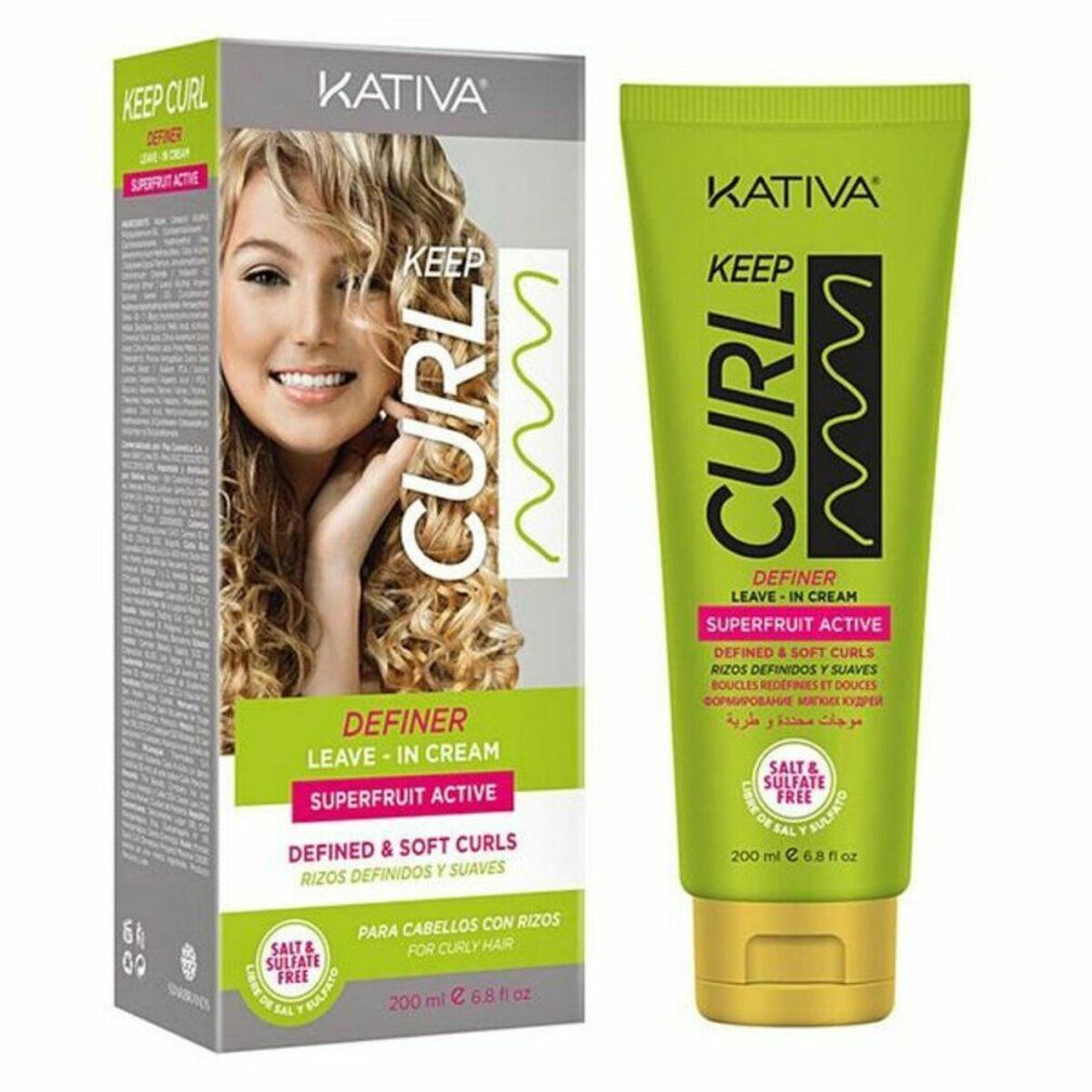 Tubo e scatola verdi. Il tubo indica Kativa Keep Curl Definer Leave-In Cream. La scatola presenta un ritratto di donna con i capelli ricci.