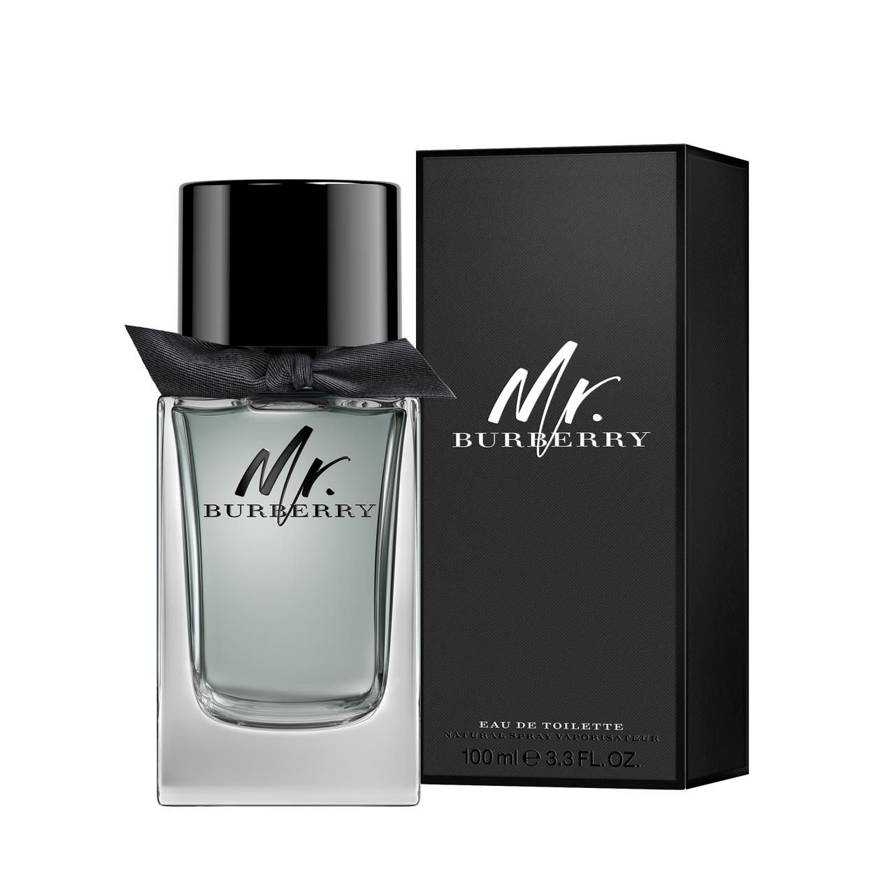 Flacone e scatola nera Mr. Burberry. Scritta Mr. Burberry. Eau de Toilette.