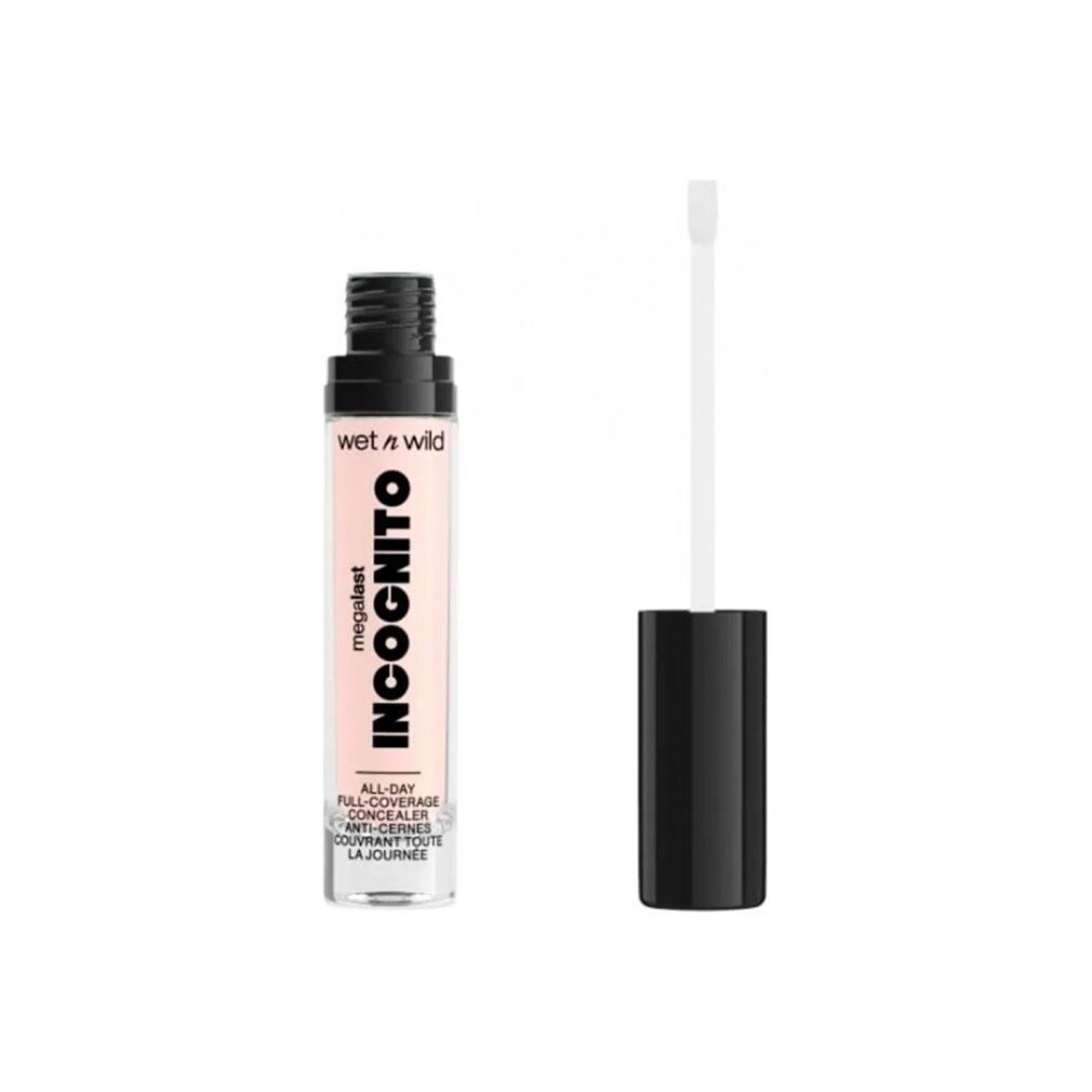 Flacone di correttore con tappo nero e applicatore. Scritta: Incognito, Wet n Wild. Copertura totale.