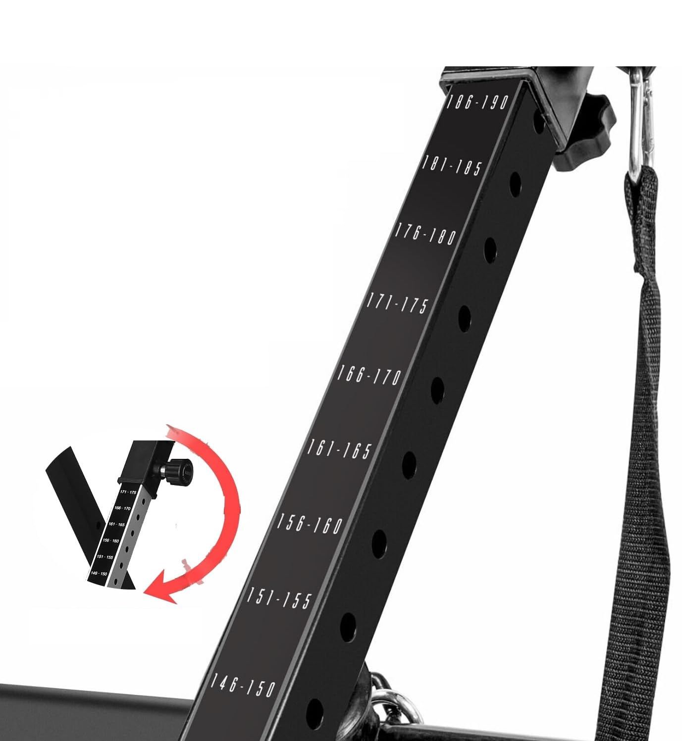 Struttura nera con indicatori di altezza. Meccanismo di regolazione con vite. Cinturino nero.