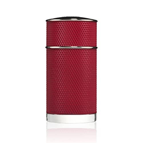 Flacone rosso con superficie zigrinata. Anello e tappo argentati. Scritta: Dunhill Icon.