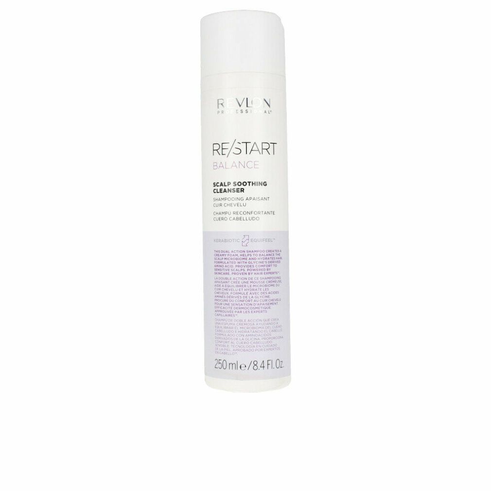 Flacone cilindrico bianco. Scritta: RE/START BALANCE, SCALP SOOTHING CLEANSER. 250 ml/8.4 Fl Oz.