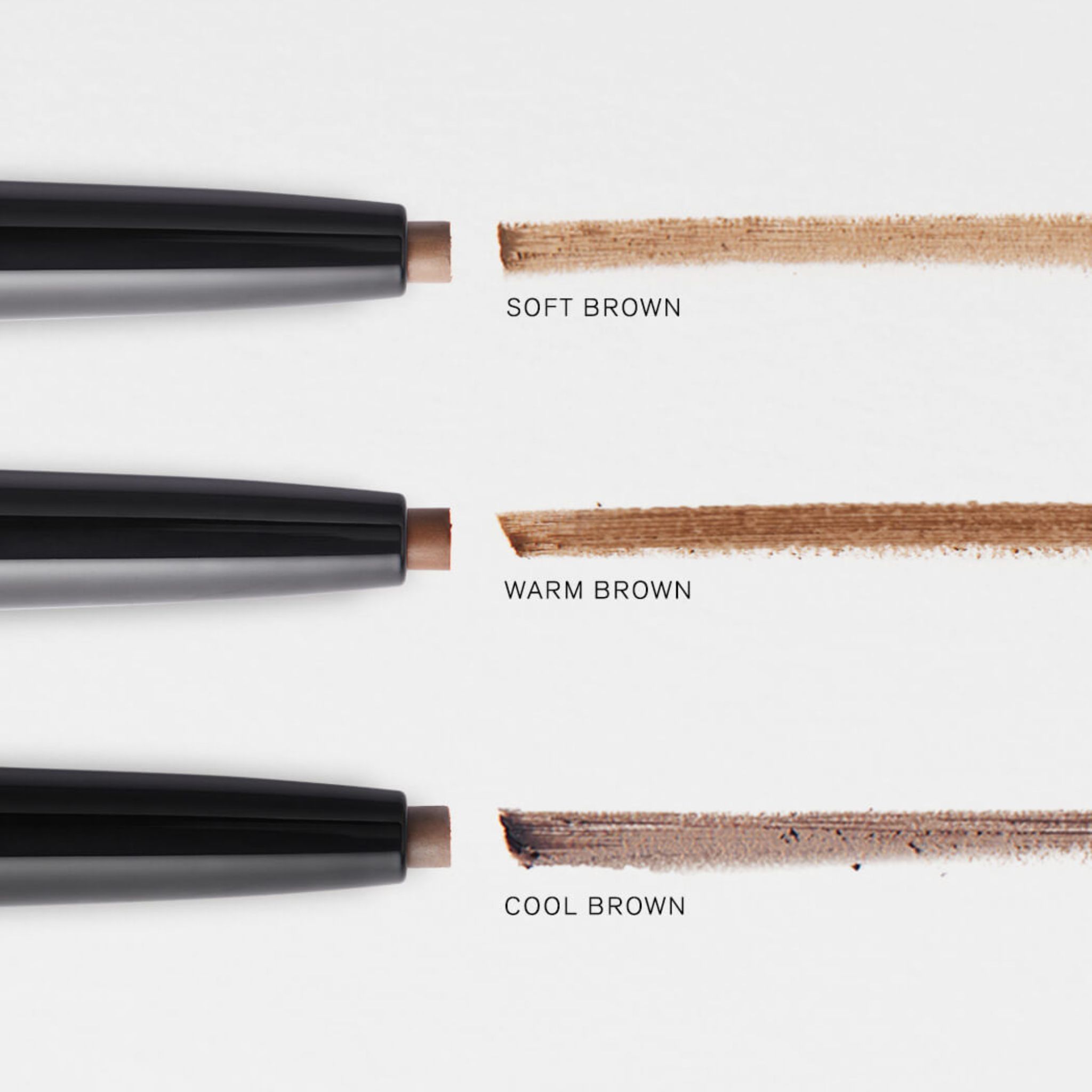 Tre punte di matita per sopracciglia RevitaLash Hi-Def e campioni di colore: Soft, Warm e Cool Brown.