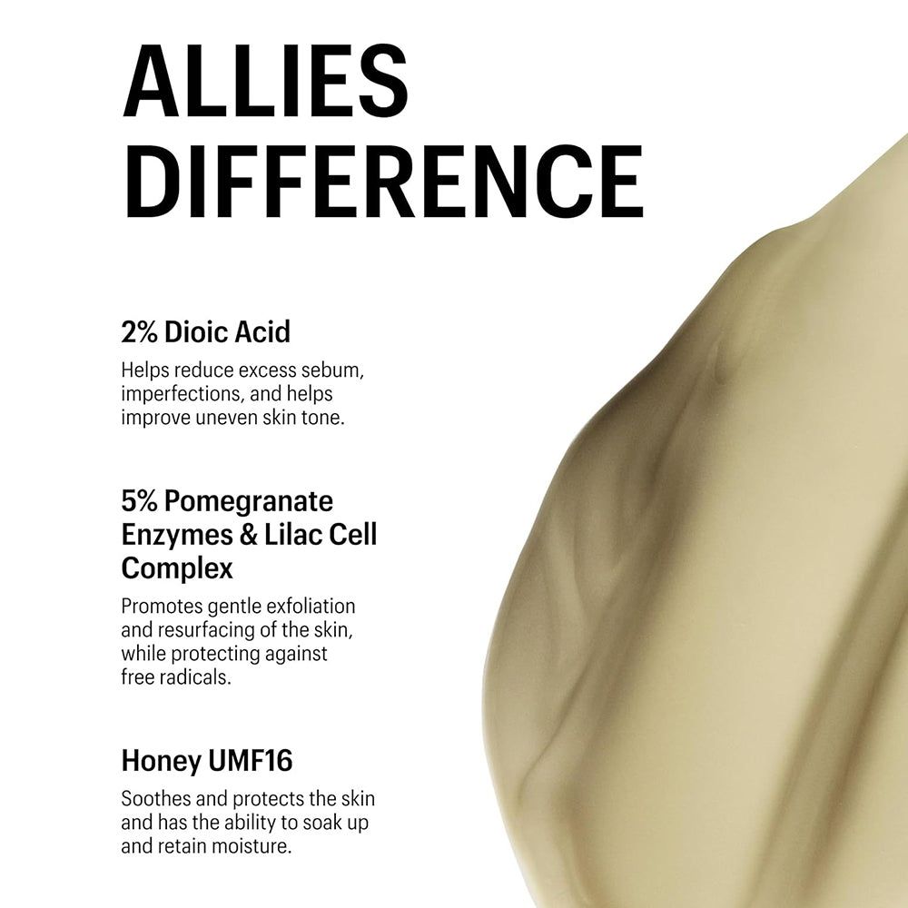 Testo su sfondo bianco: « ALLIES DIFFERENCE ». Ingredienti e i loro effetti: 2% acido dioico, ecc.