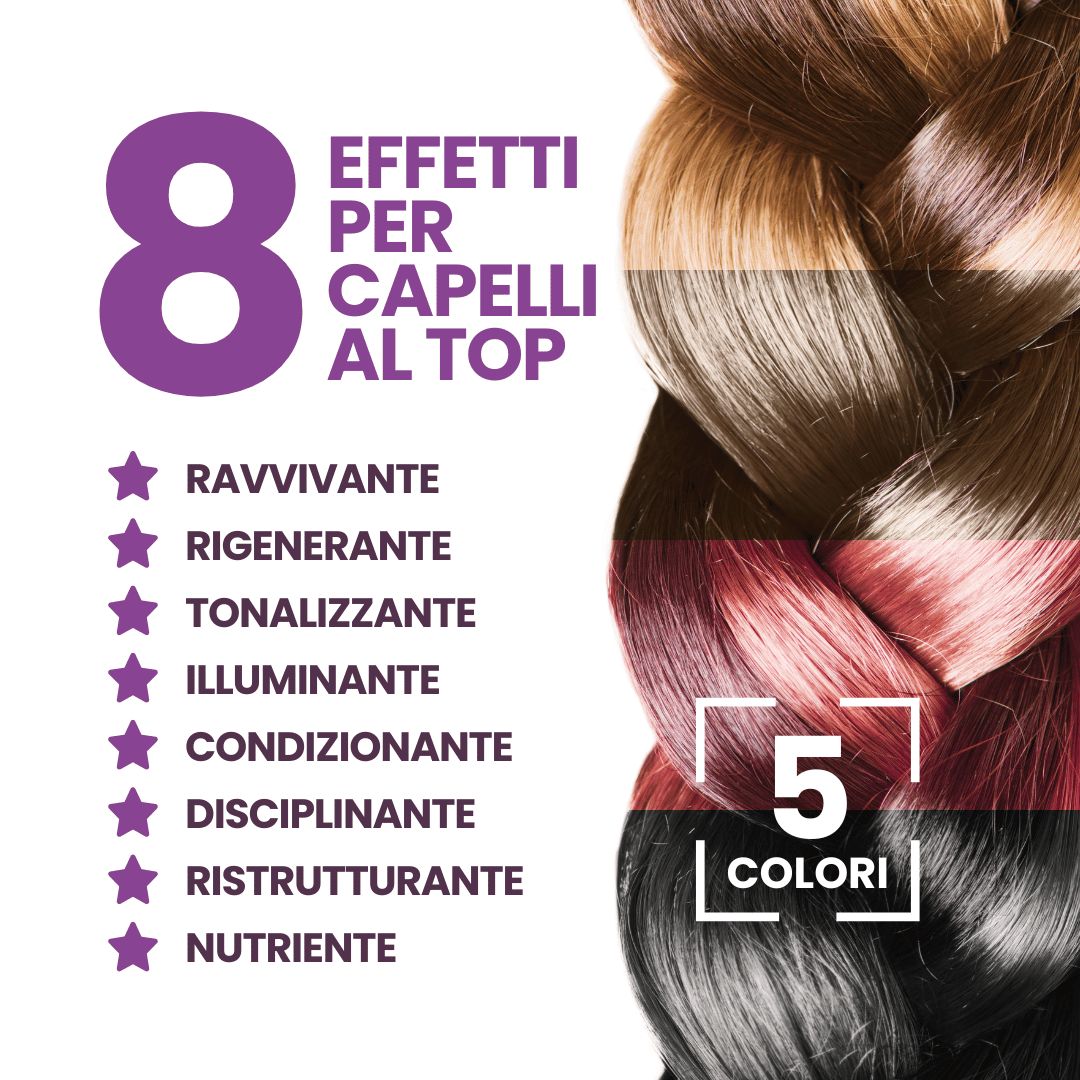 Otto effetti per capelli al top: rivitalizzante, rigenerante, tonalizzante, illuminante, condizionante, disciplinante, ristrutturante, nutriente. Cinque colori.