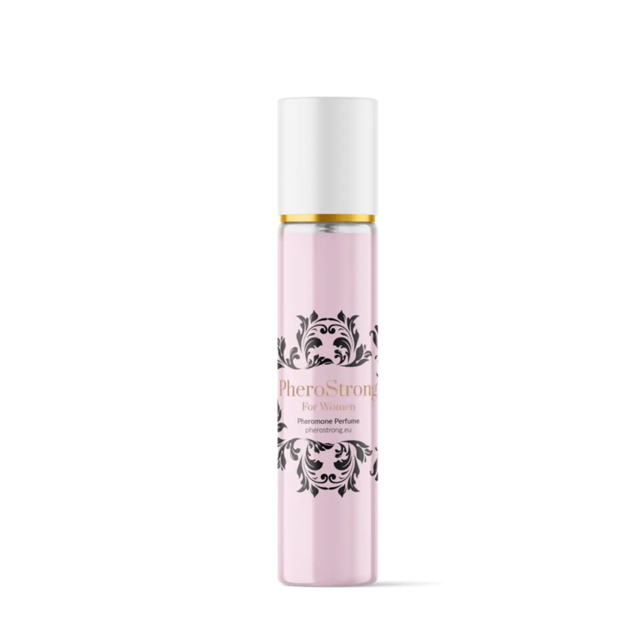 Flacone rosa con tappo bianco e anello dorato. Scritta nera: PheroStrong For Women. Profumo ai feromoni.