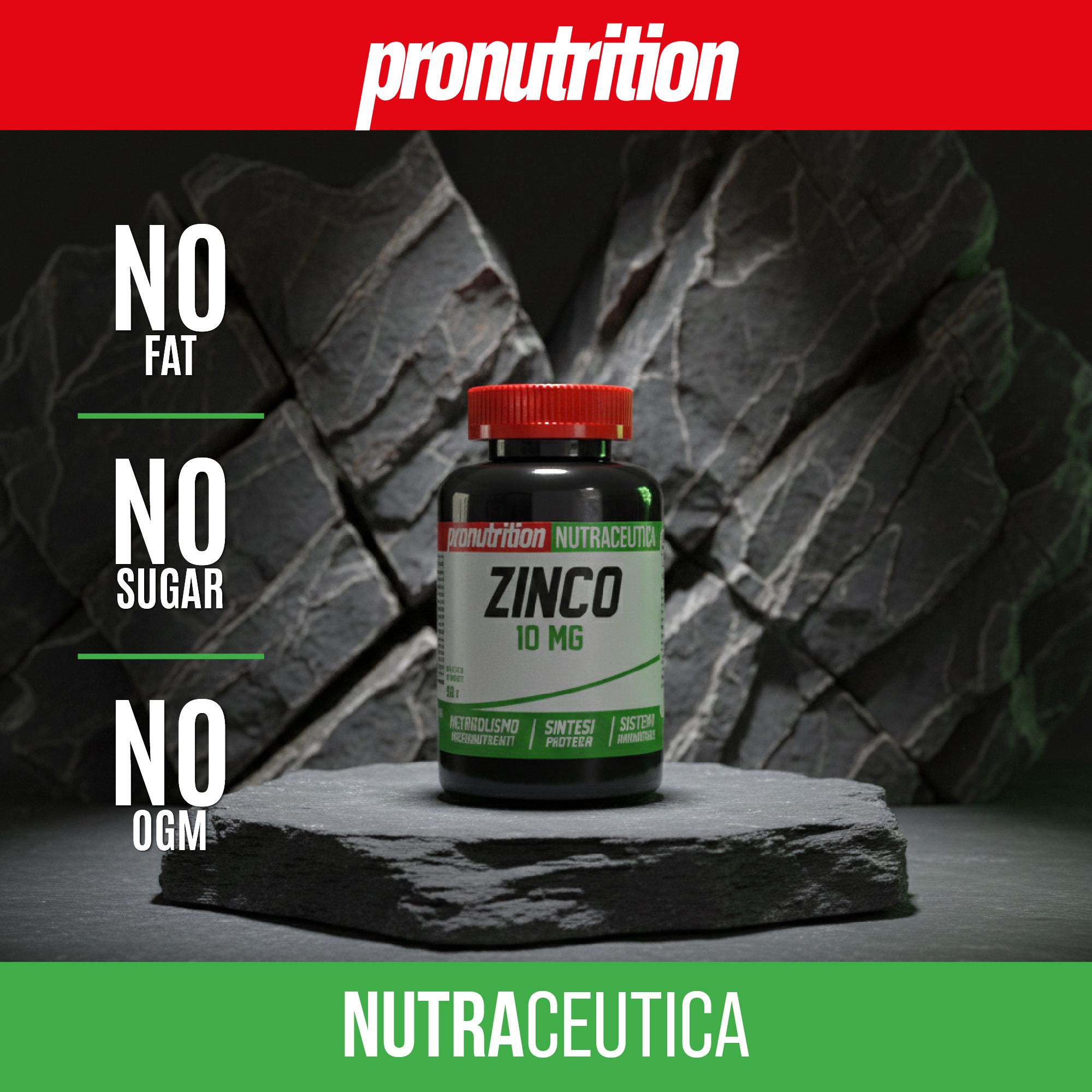 Flacone nero, tappo rosso. Scritta ZINCO 10 MG. Su pietra. Testo: NUTRAZEUTICA. Testo: Senza grassi, zuccheri, OGM.