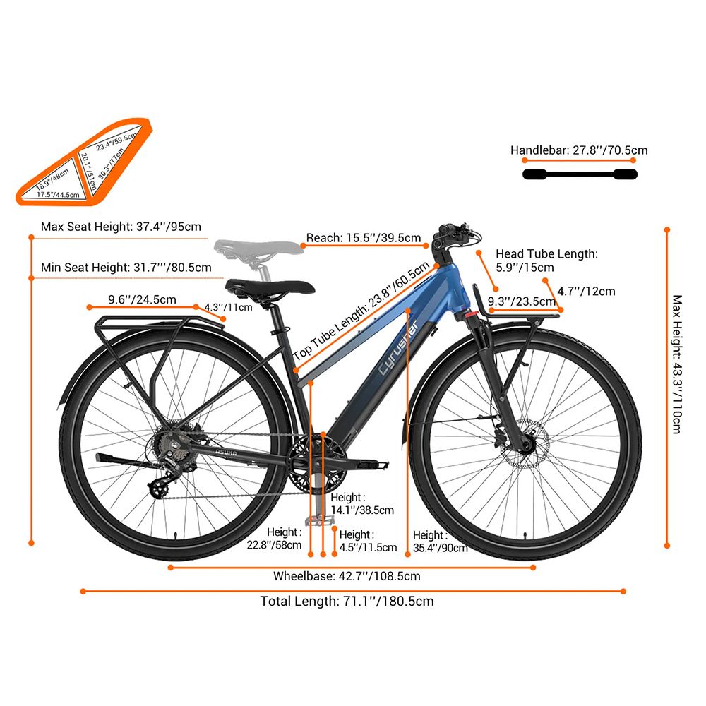 Bicicletta elettrica Cyrusher Asuka con misure. Vengono mostrati: manubrio, altezza sella, interasse e lunghezza totale.