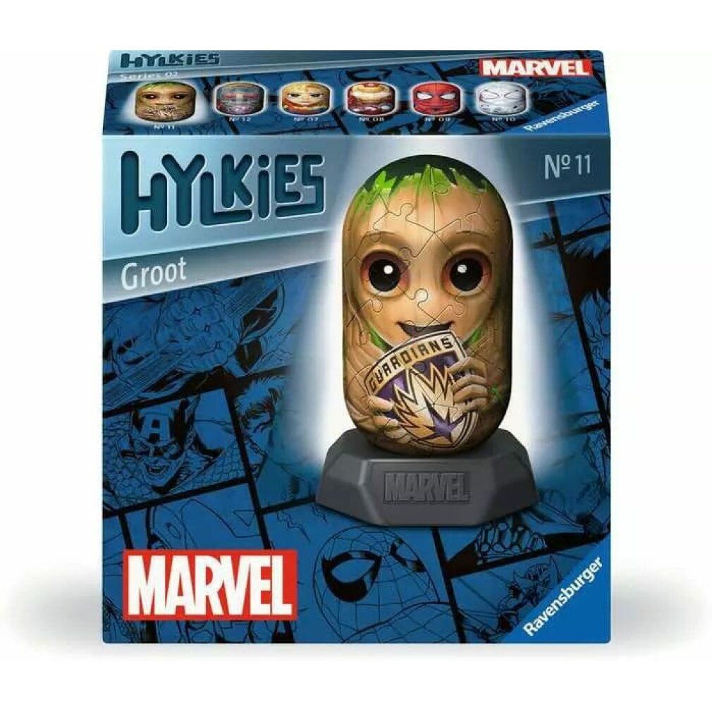 Confezione del puzzle 3D Groot Hylkies. Puzzle Groot su base. Logo Marvel e scritta Hylkies. Sfondo a fumetti.