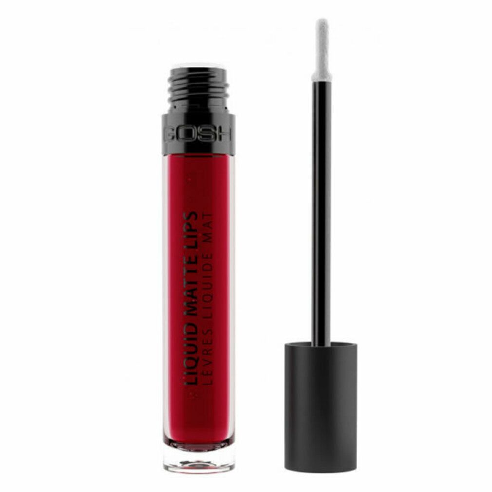 Gosh Liquid Matte Lips rosso. Flacone aperto, applicatore accanto. Tappo nero, flacone trasparente, contenuto rosso. Testo: Liquid Matte Lips.