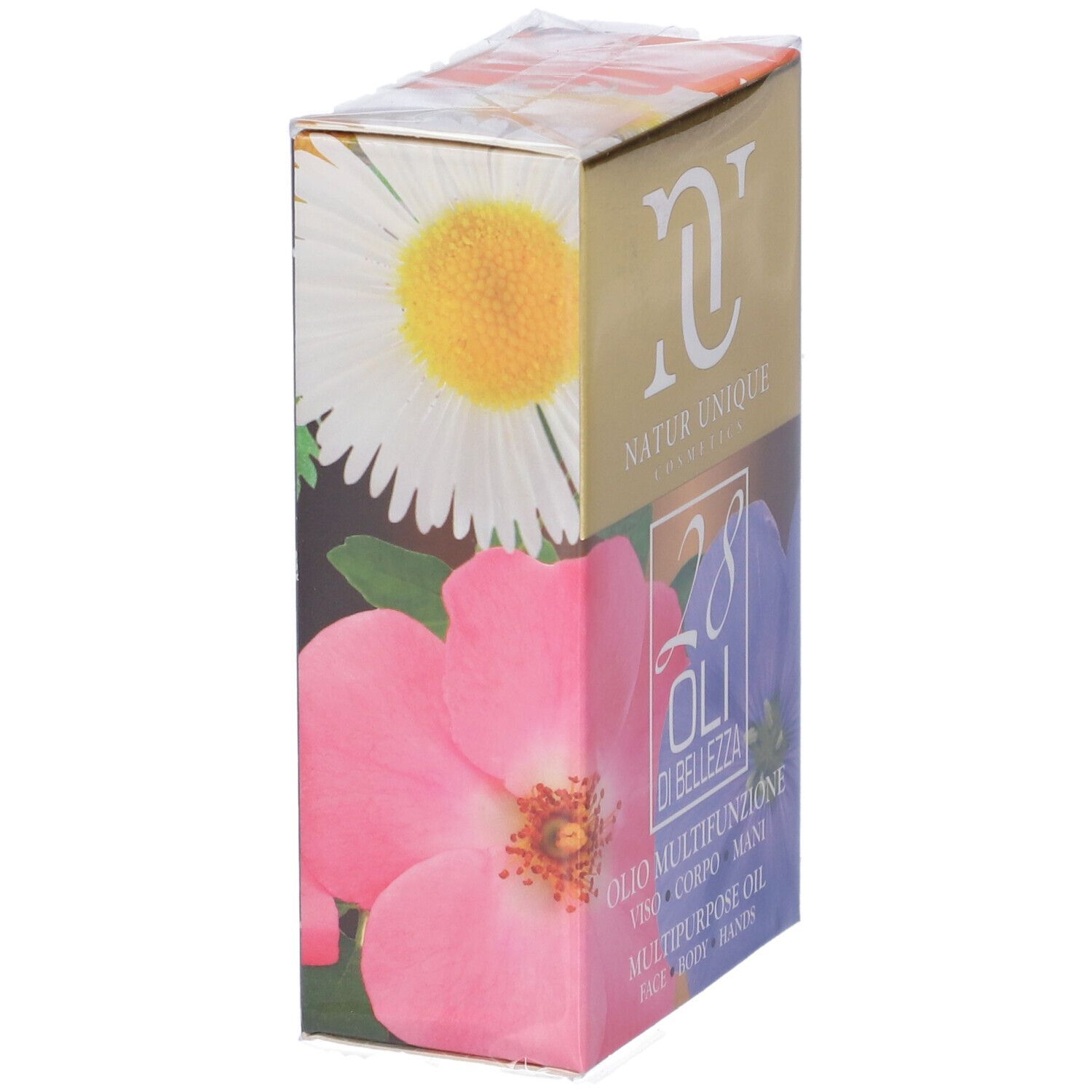 Confezione Natur Unique 28 Oli Di Bellezza in diagonale. Coperchio dorato, logo e nome del prodotto. Motivi floreali sui lati.