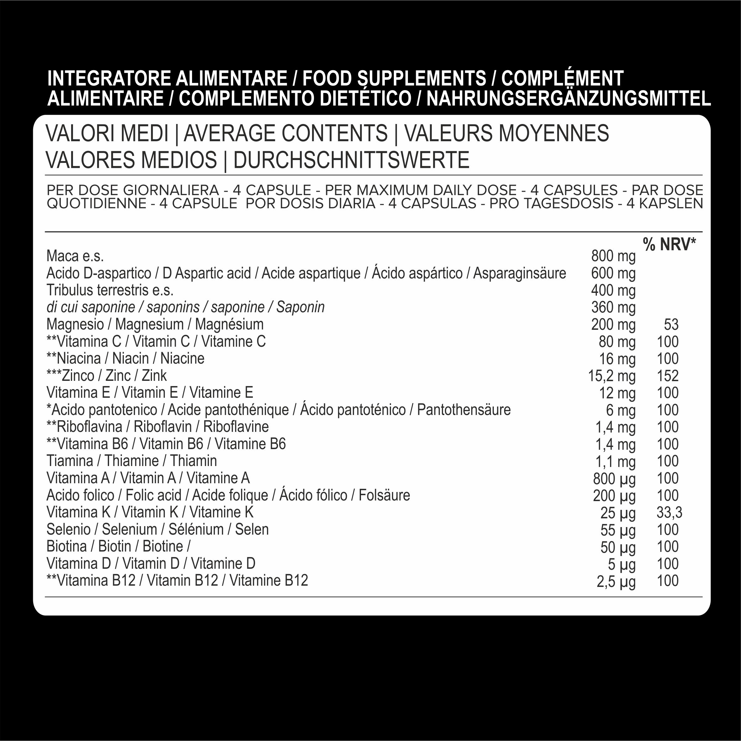 Tabella nutrizionale con ingredienti. Contiene informazioni su ingredienti come Maca, Tribulus, vitamine e minerali.