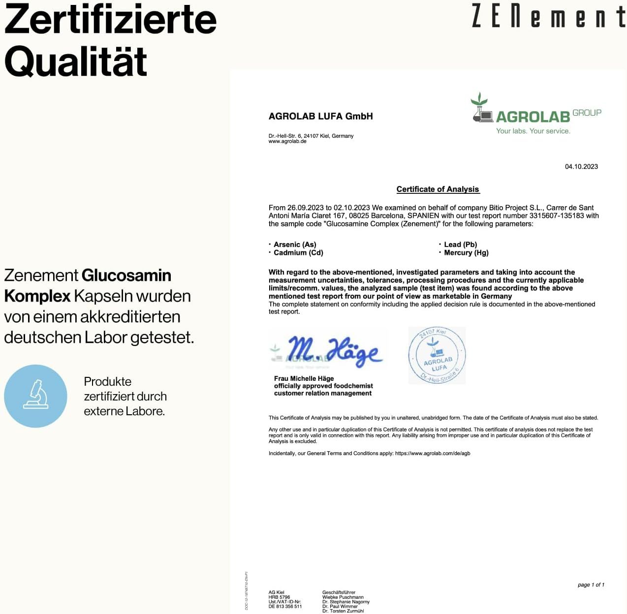 Documento di certificazione Agrolab. Testo: Le capsule Zenement Glucosamin Komplex sono state testate da un laboratorio tedesco accreditato.