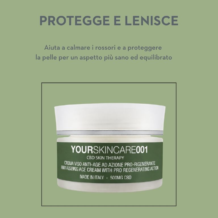 Vasetto di crema con coperchio bianco. Etichetta con 'YOURSKINCARE001', 'CBD SKIN THERAPY', 'CREMA VISO ANTI-AGE AD AZIONE PRO-RIGENERANTE', 'ANTI AGEING ACE CREAM WITH PRO REGENERATING ACTION', 'MADE IN ITALY - 500MG CBD'.