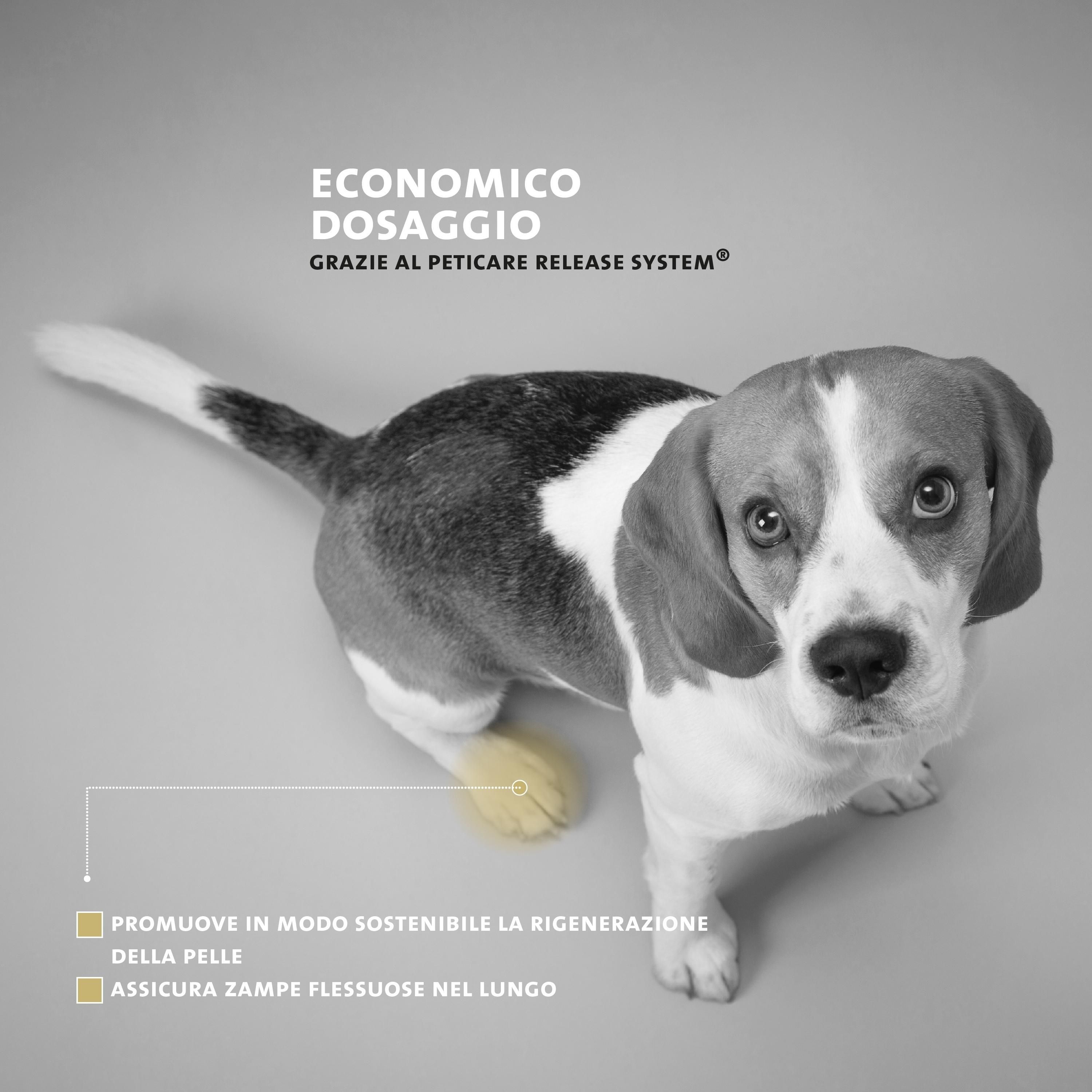 Cane con zampa. Testo: Dosaggio economico. Promuove la rigenerazione della pelle. Assicura zampe flessuose.