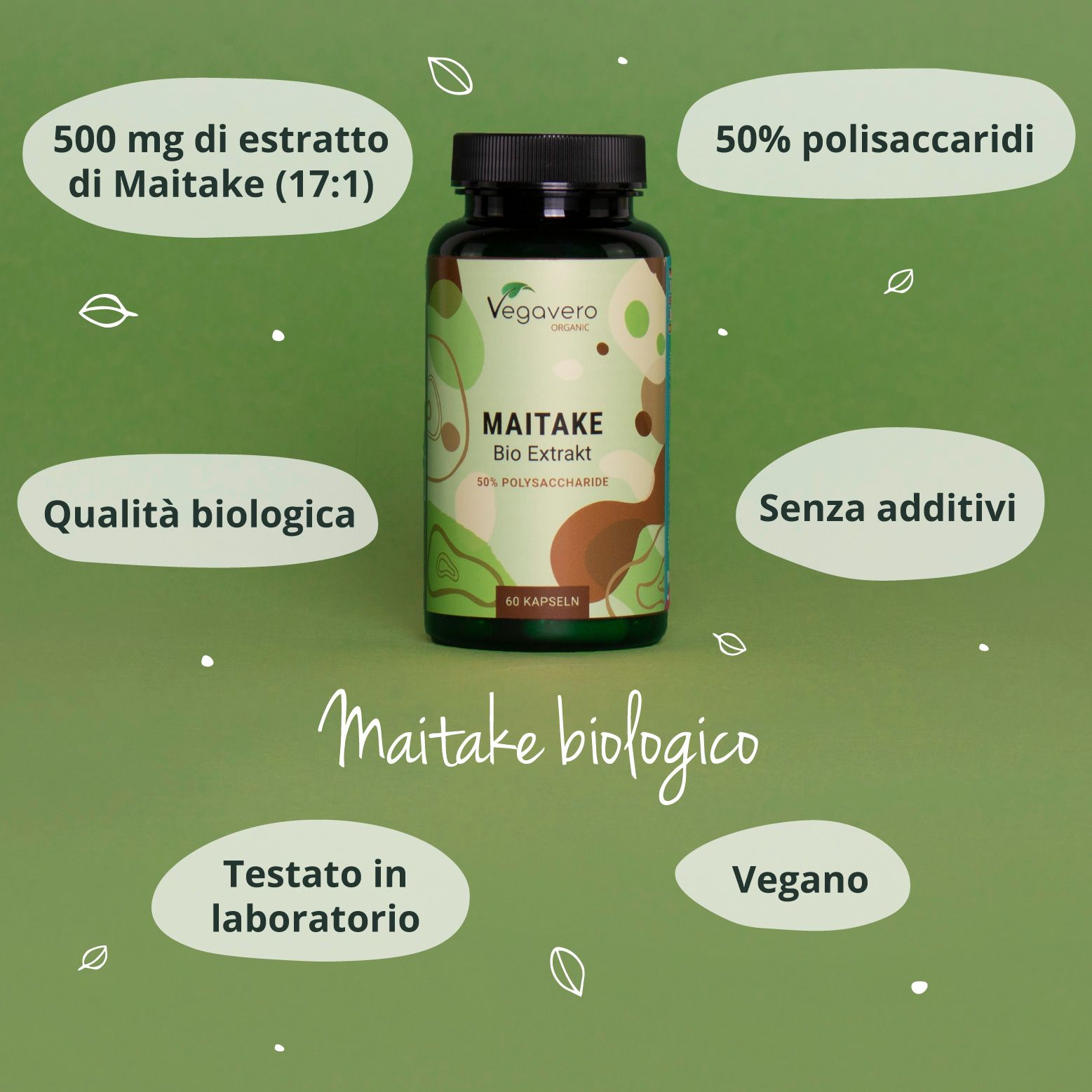 Disposizione circolare di icone e testo. Logo Vegavaro. Temi: 500 mg estratto di Maitake, 50% polisaccaridi, qualità bio, vegano.