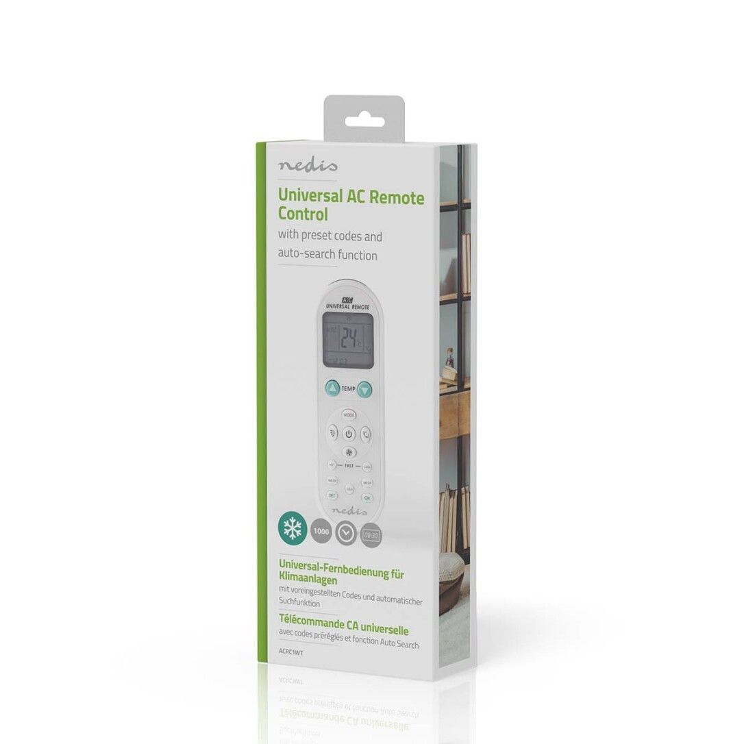Confezione del telecomando. Testo: Universal AC Remote Control, con preimpostazioni e funzione di ricerca automatica. Marchio: Nedis.