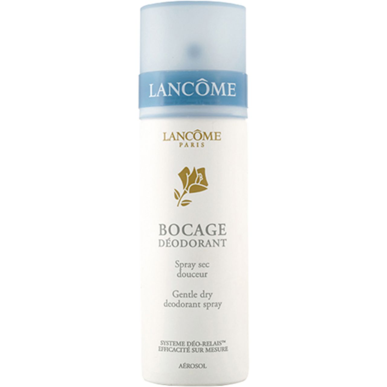 Spray deodorante Lancôme. Flacone bianco con tappo blu e scritta. Nome del prodotto e logo ben visibili.
