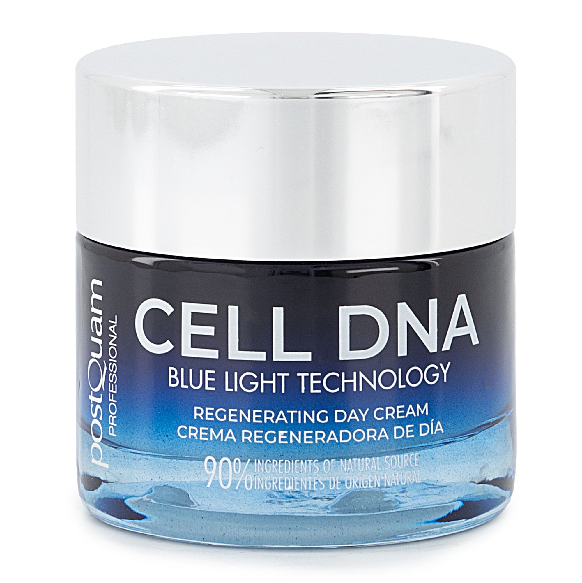 Crema giorno Postquam Cell DNA. Vasetto di vetro blu con coperchio argentato. Scritta: CELL DNA, Blue Light Technology, Regenerating Day Cream.